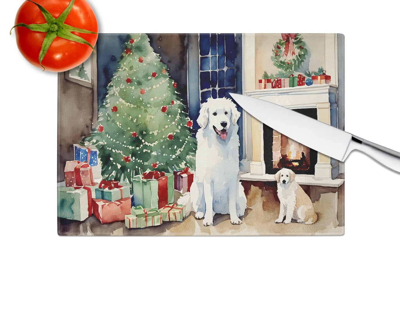 Kuvasz Cozy Christmas Glass Cutting Board