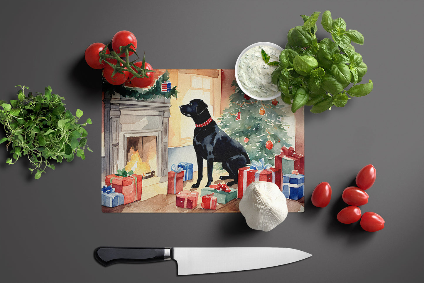 Labrador Retriever Cozy Christmas Glass Cutting Board