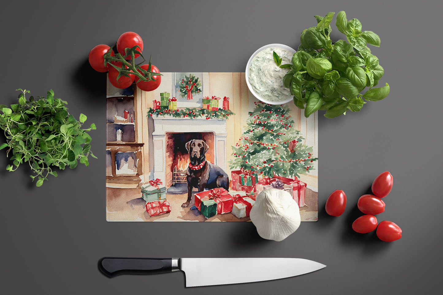 Labrador Retriever Cozy Christmas Glass Cutting Board