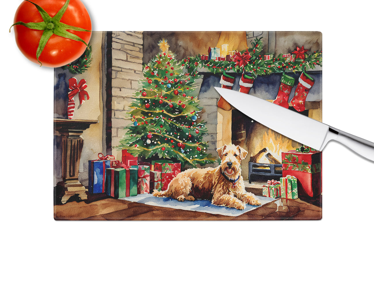 Lakeland Terrier Cozy Christmas Glass Cutting Board