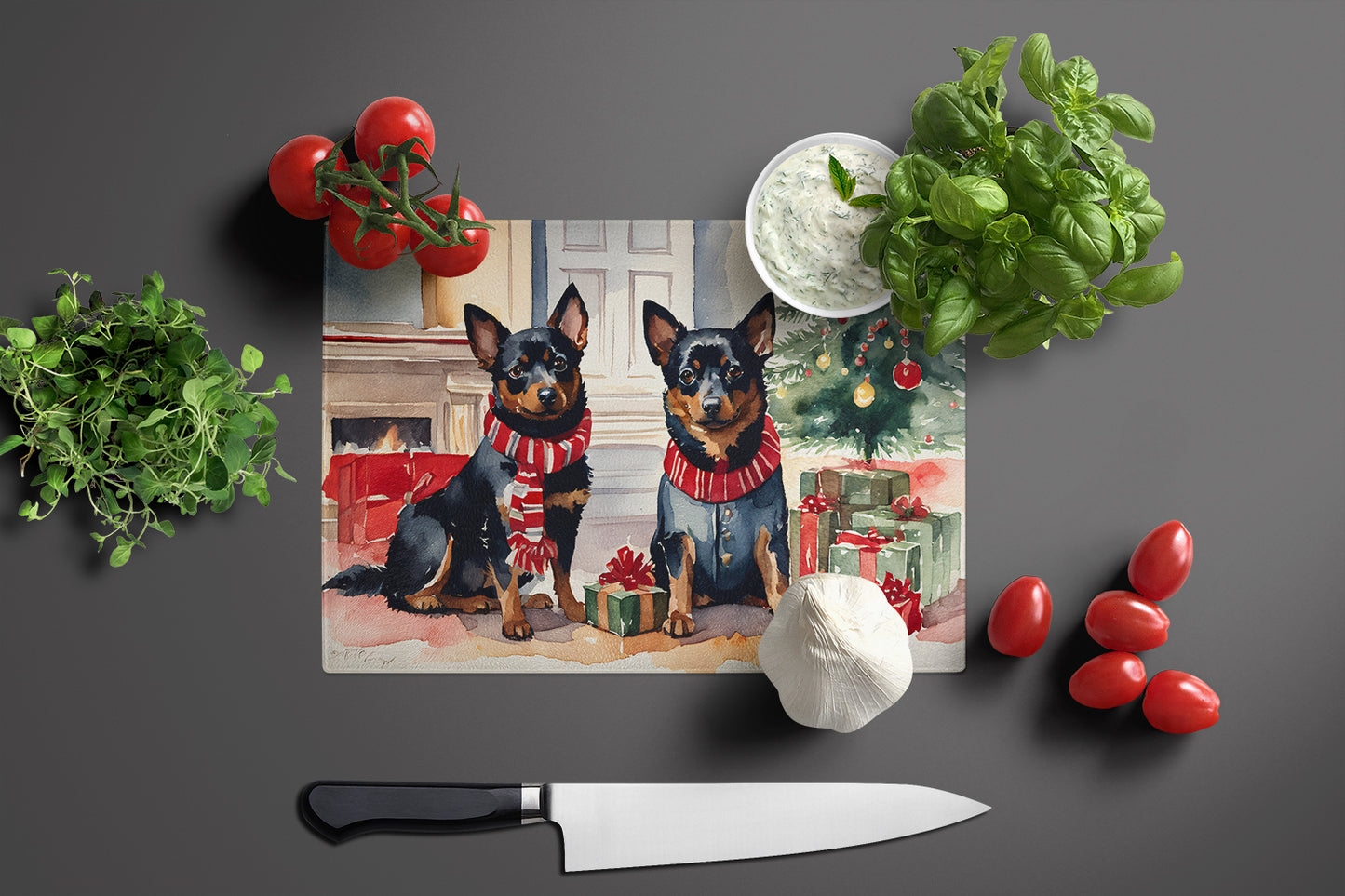 Lancashire Heeler Cozy Christmas Glass Cutting Board