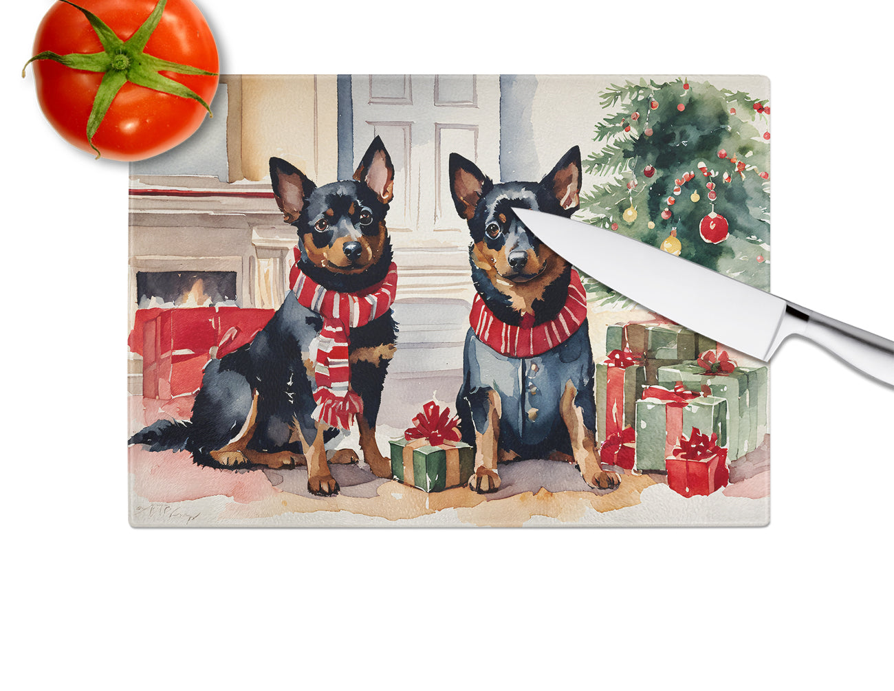 Lancashire Heeler Cozy Christmas Glass Cutting Board