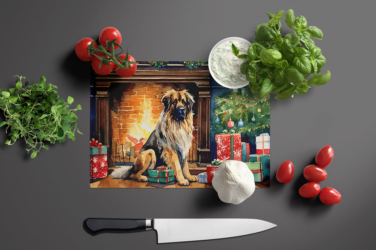 Leonberger Cozy Christmas Glass Cutting Board