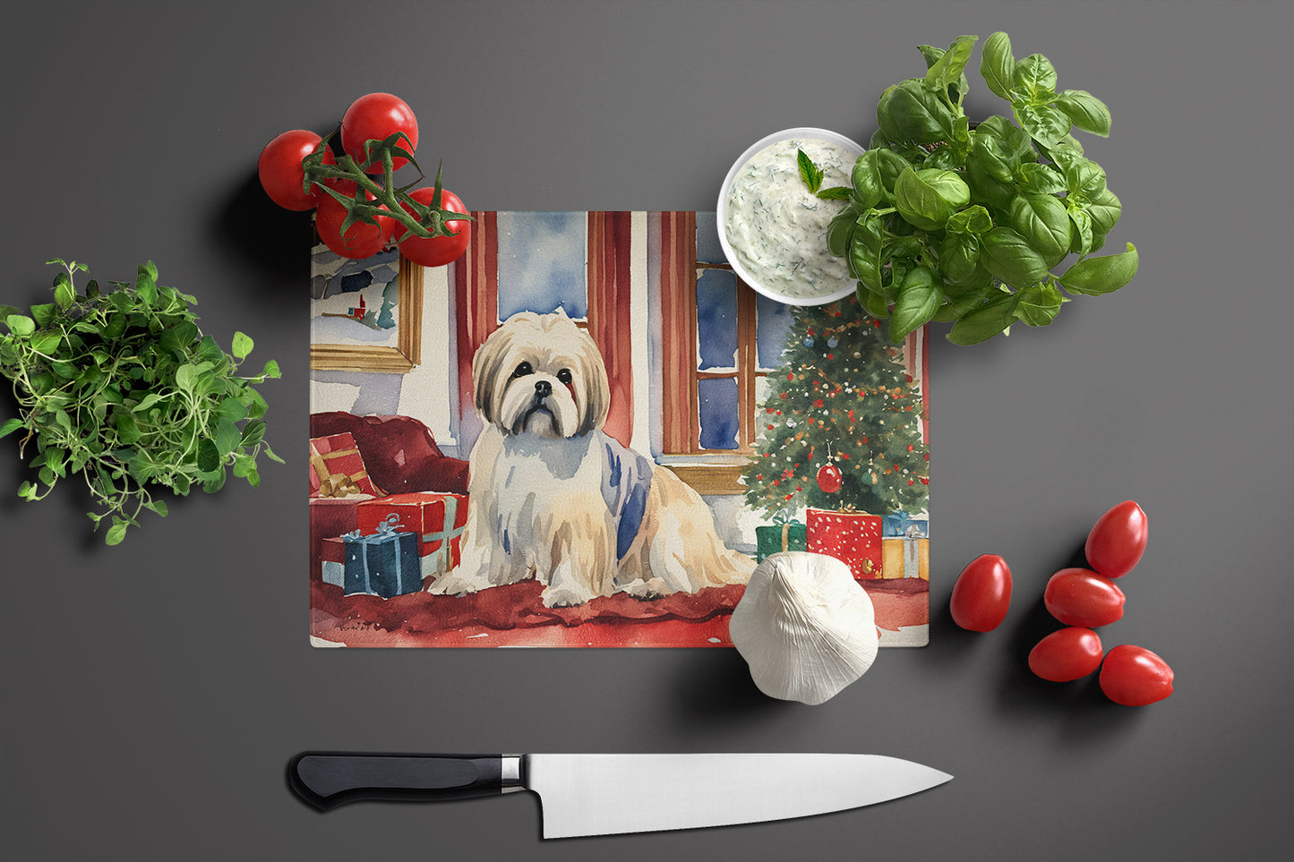 Lhasa Apso Cozy Christmas Glass Cutting Board