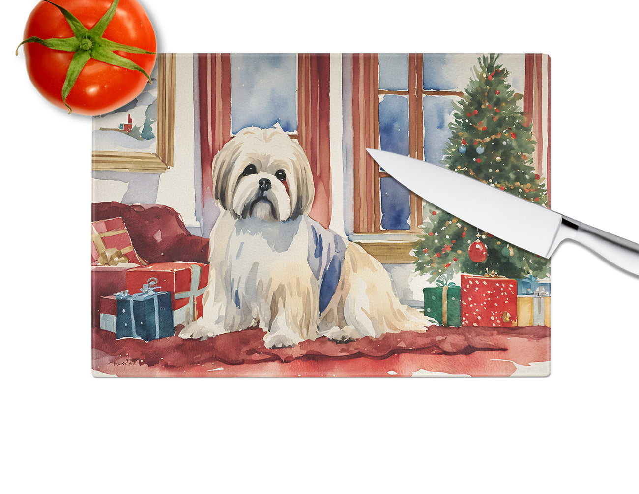 Lhasa Apso Cozy Christmas Glass Cutting Board