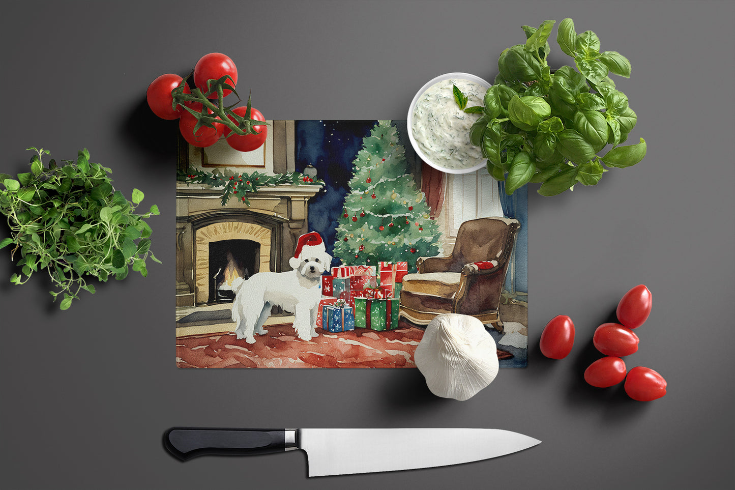 Maltese Cozy Christmas Glass Cutting Board