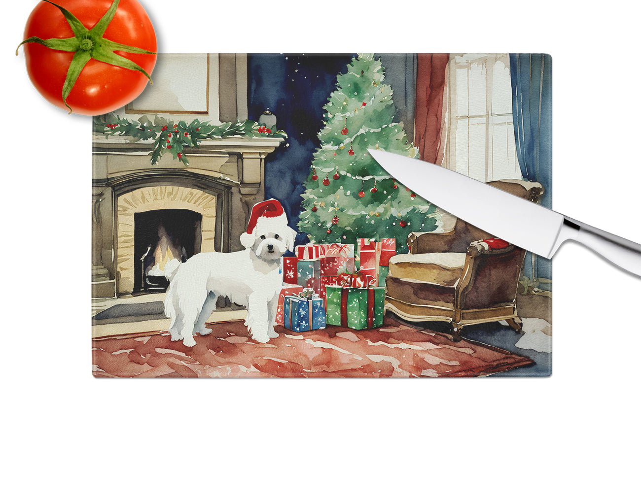 Maltese Cozy Christmas Glass Cutting Board