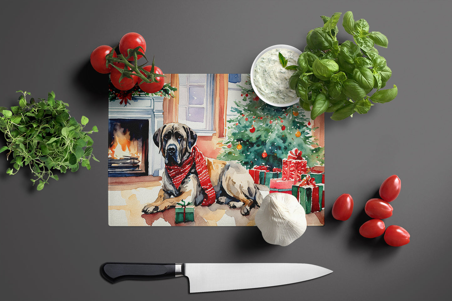 Mastiff Cozy Christmas Glass Cutting Board