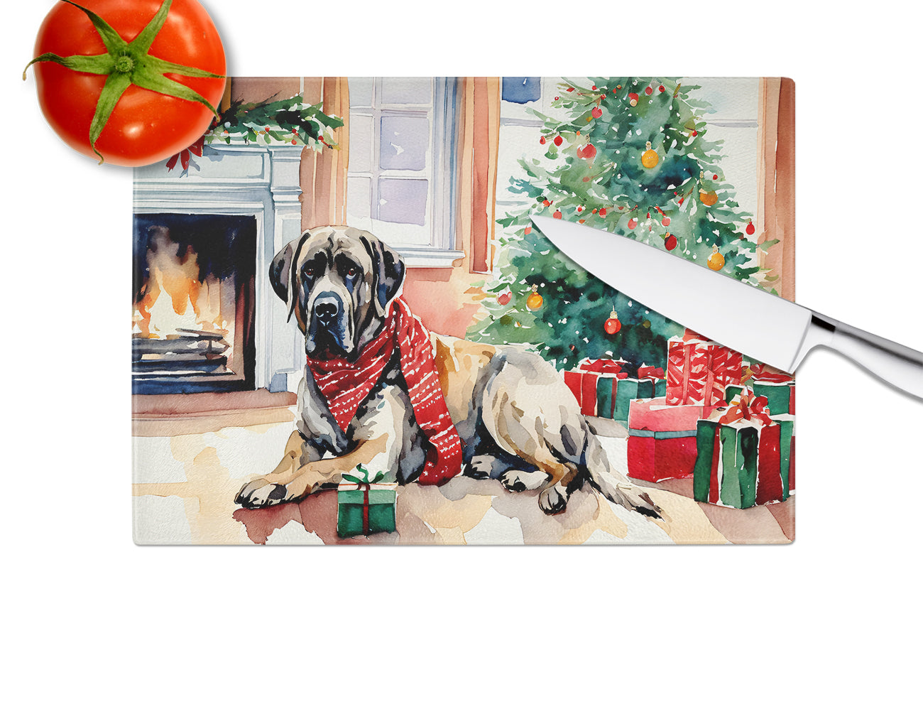 Mastiff Cozy Christmas Glass Cutting Board