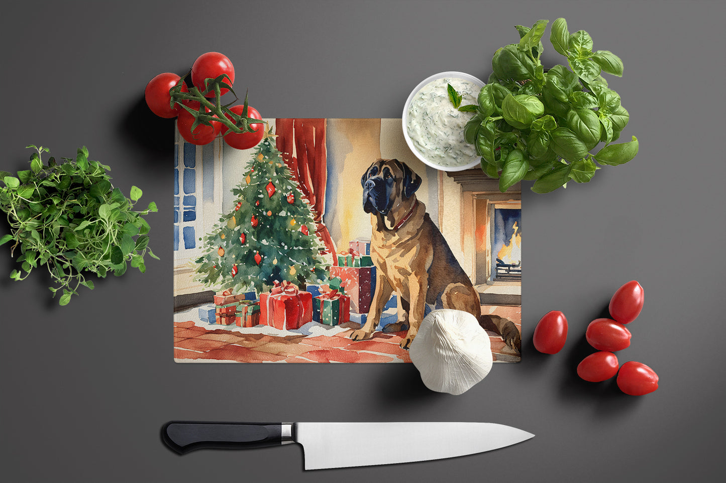 Mastiff Cozy Christmas Glass Cutting Board