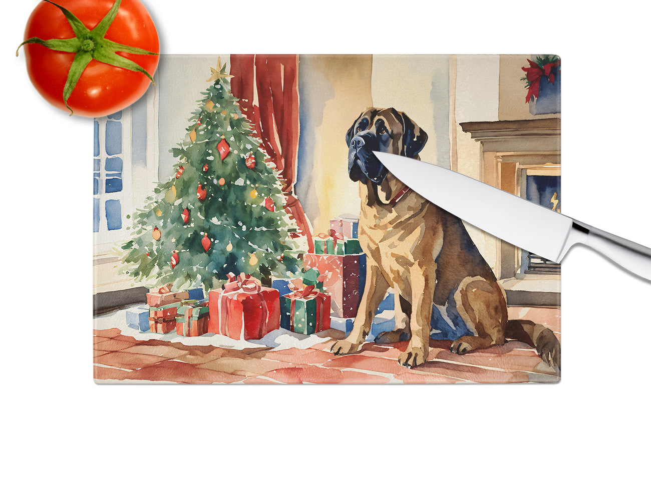 Mastiff Cozy Christmas Glass Cutting Board