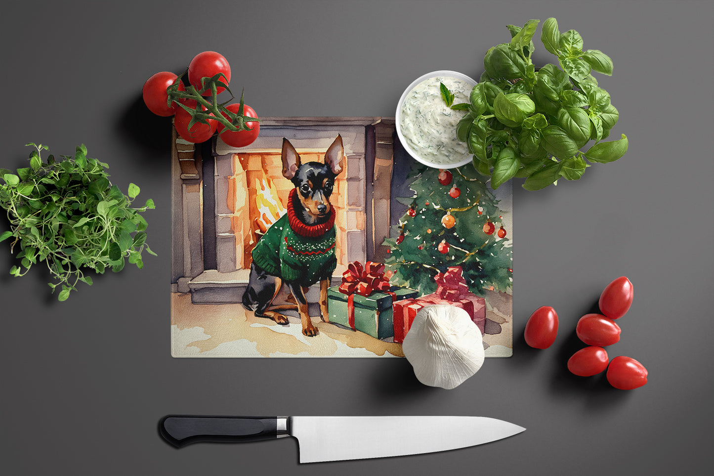 Miniature Pinscher Cozy Christmas Glass Cutting Board