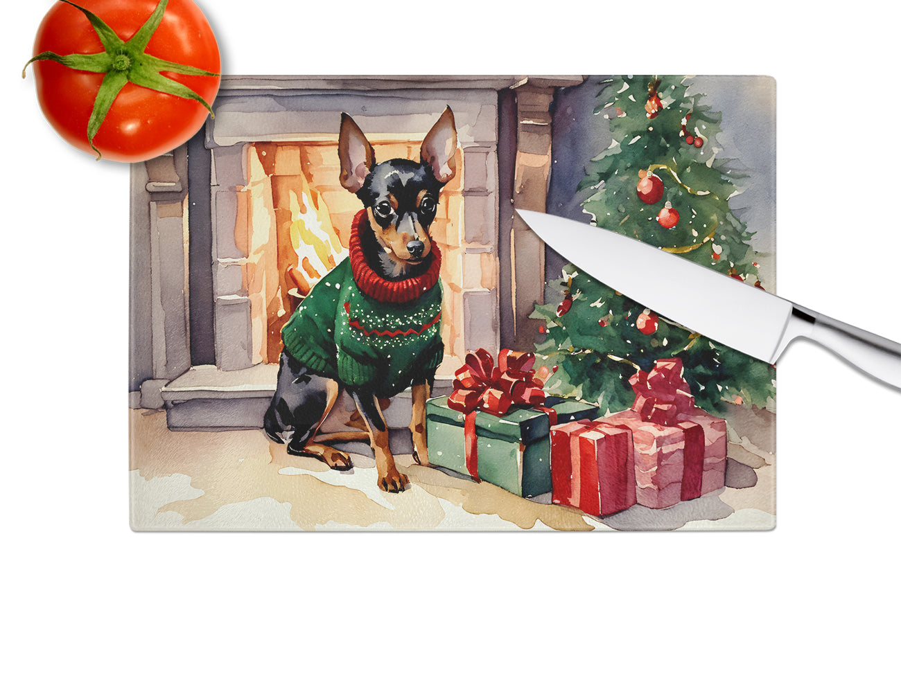 Miniature Pinscher Cozy Christmas Glass Cutting Board