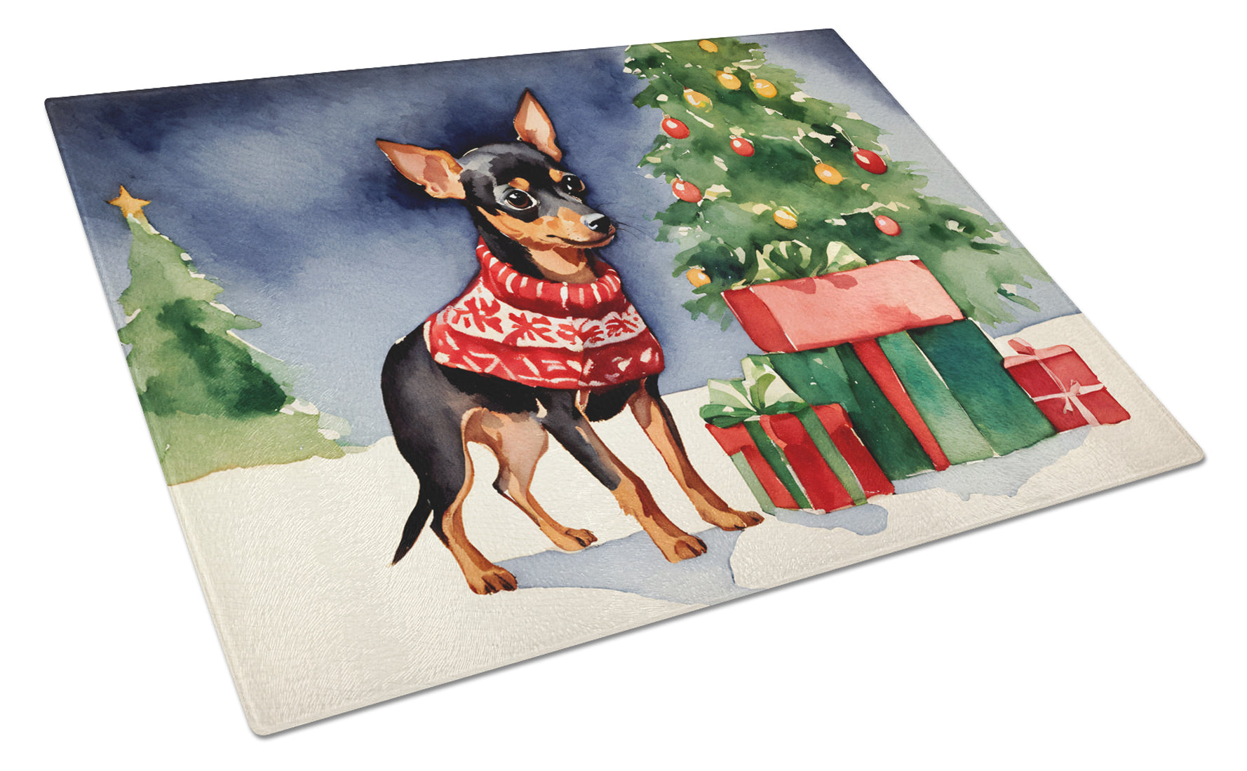 Buy this Miniature Pinscher Cozy Christmas Glass Cutting Board