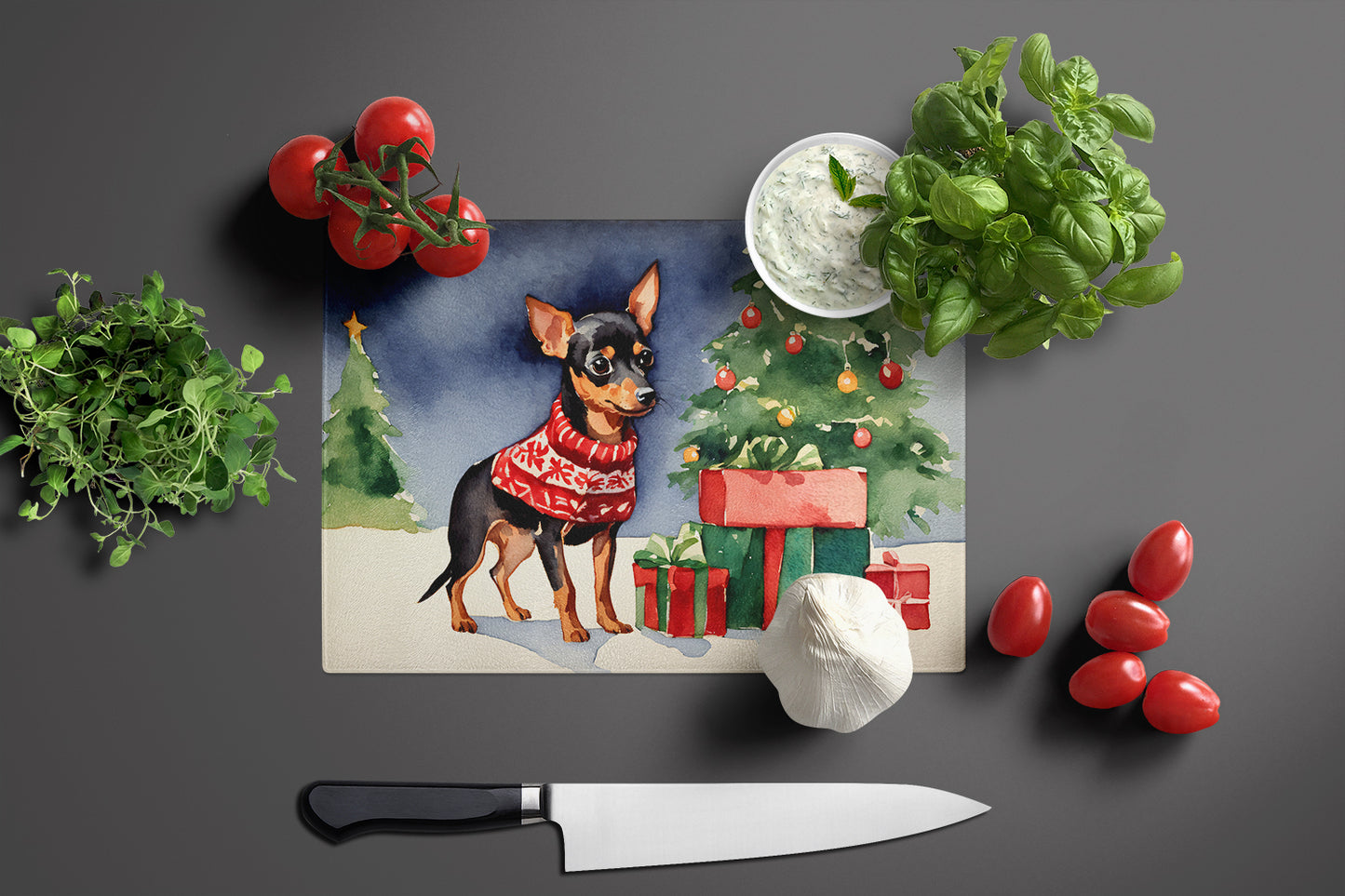 Miniature Pinscher Cozy Christmas Glass Cutting Board