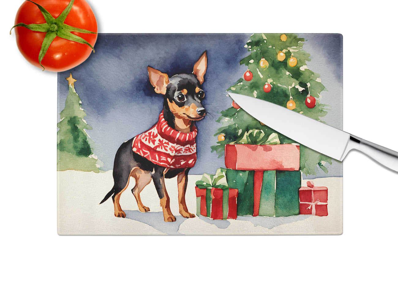 Miniature Pinscher Cozy Christmas Glass Cutting Board