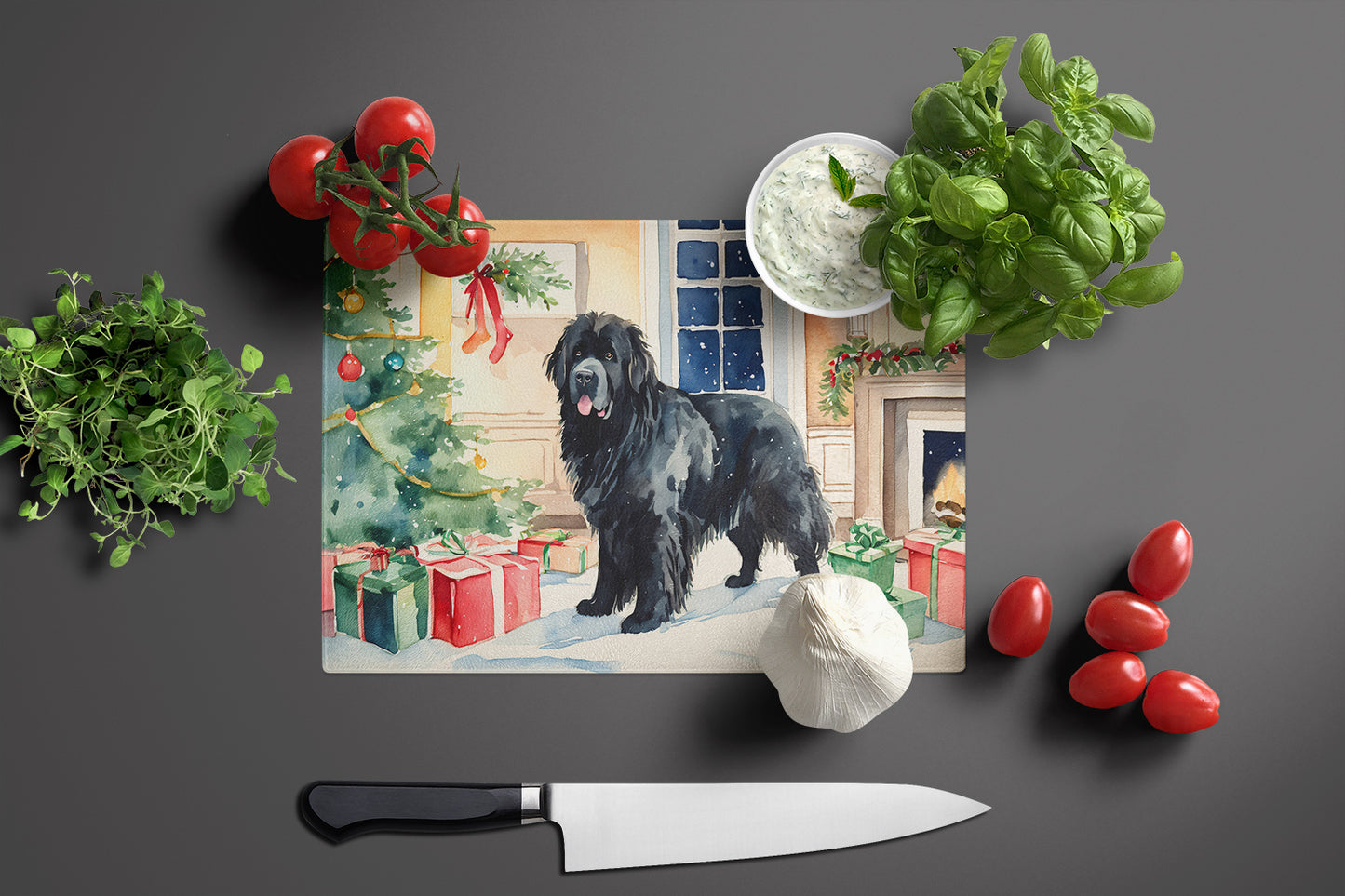 Newfoundland Cozy Christmas Glass Cutting Board