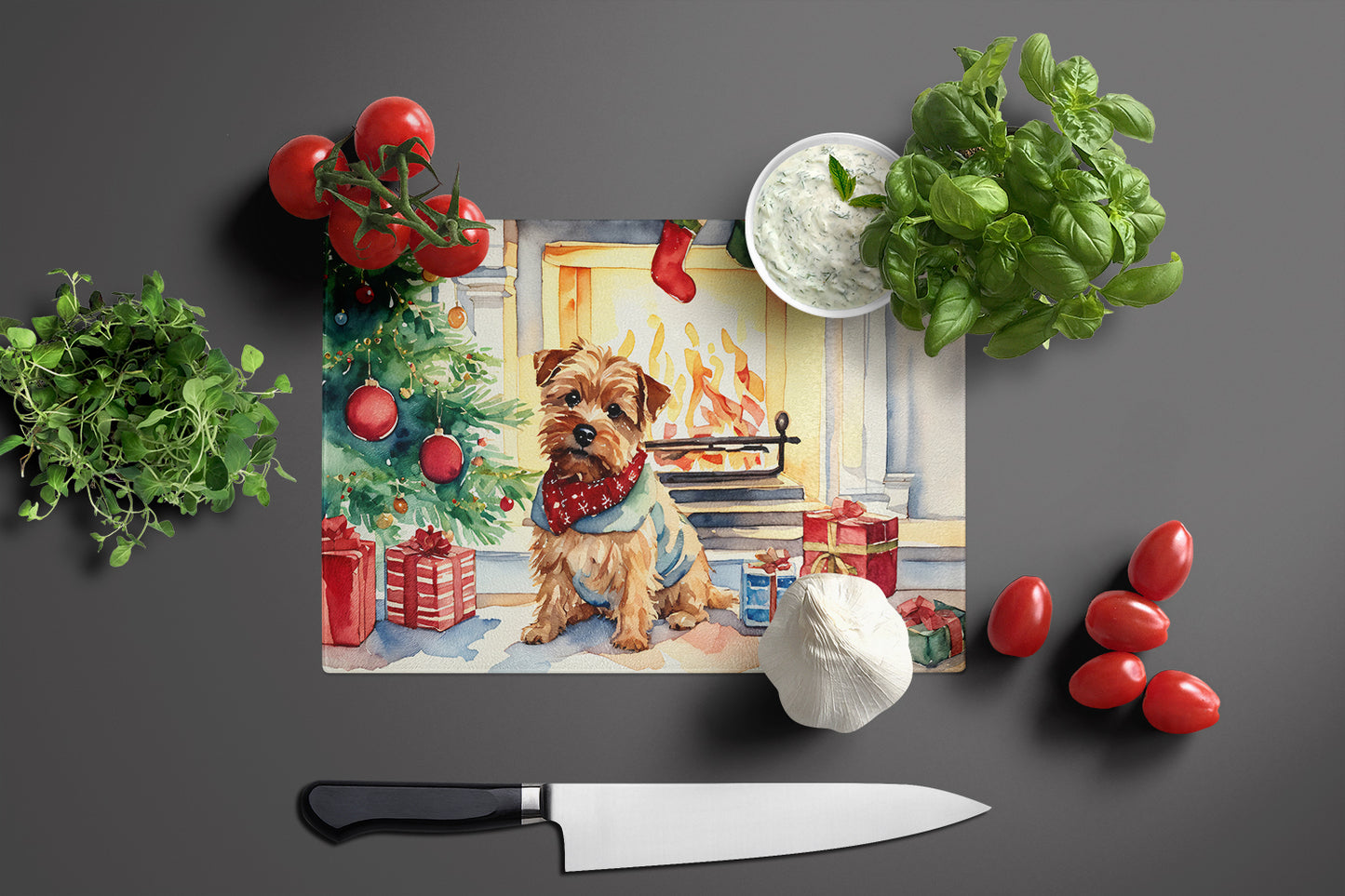 Norfolk Terrier Cozy Christmas Glass Cutting Board