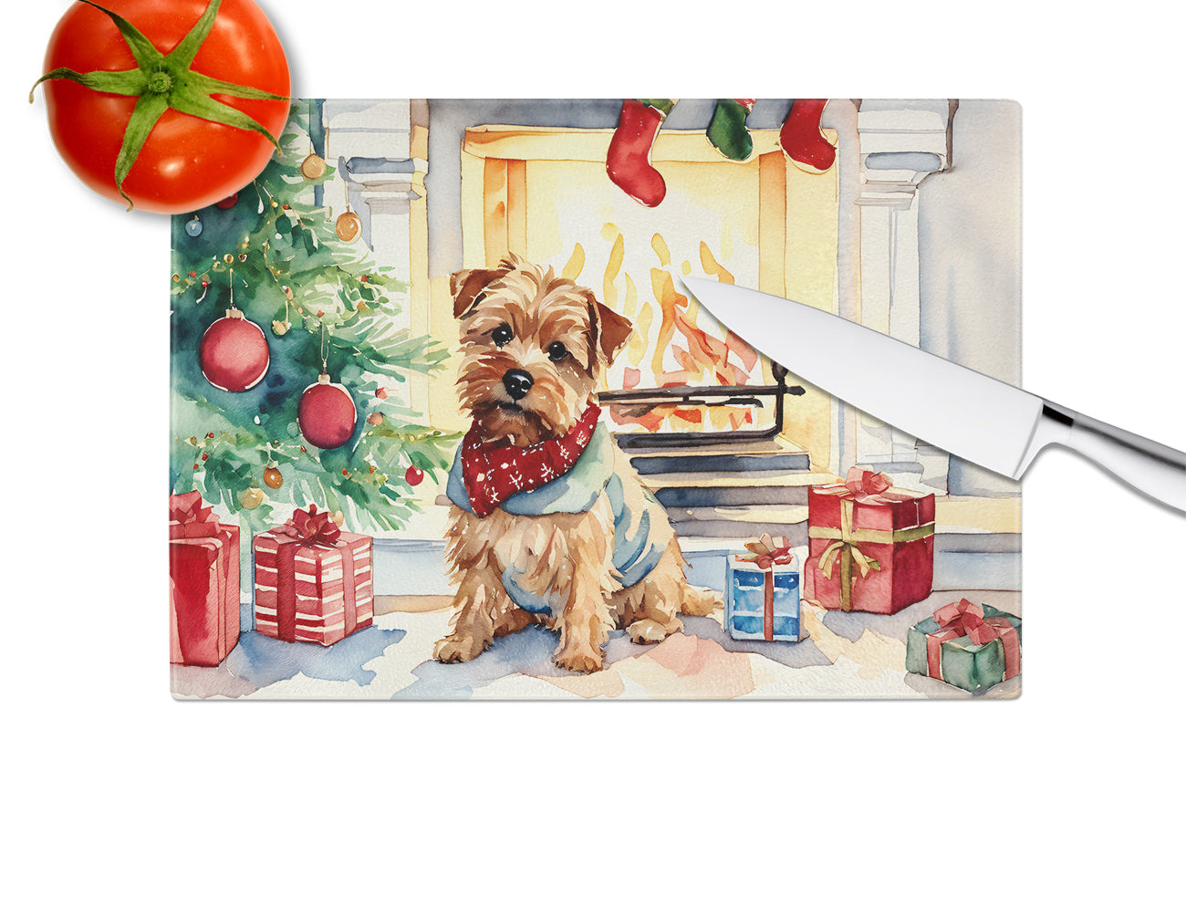 Norfolk Terrier Cozy Christmas Glass Cutting Board