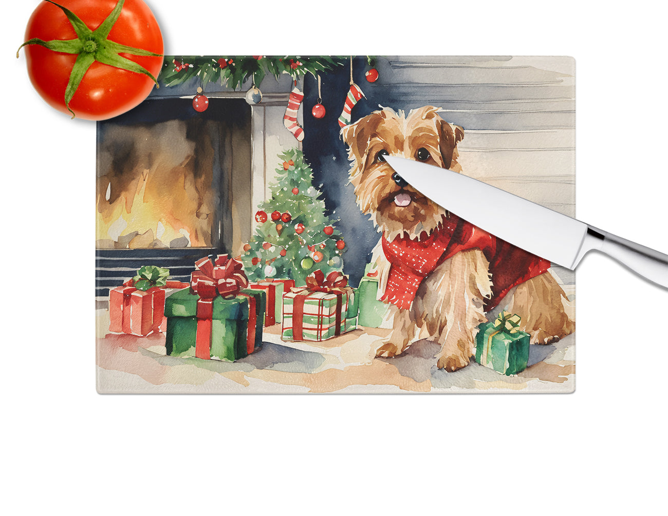 Norfolk Terrier Cozy Christmas Glass Cutting Board