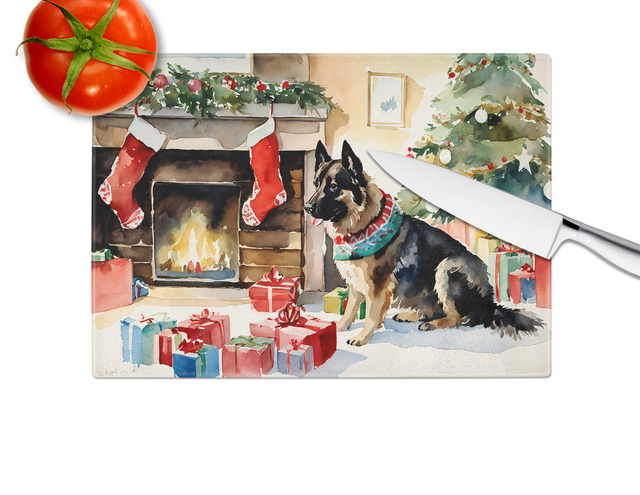 Norwegian Buhund Cozy Christmas Glass Cutting Board