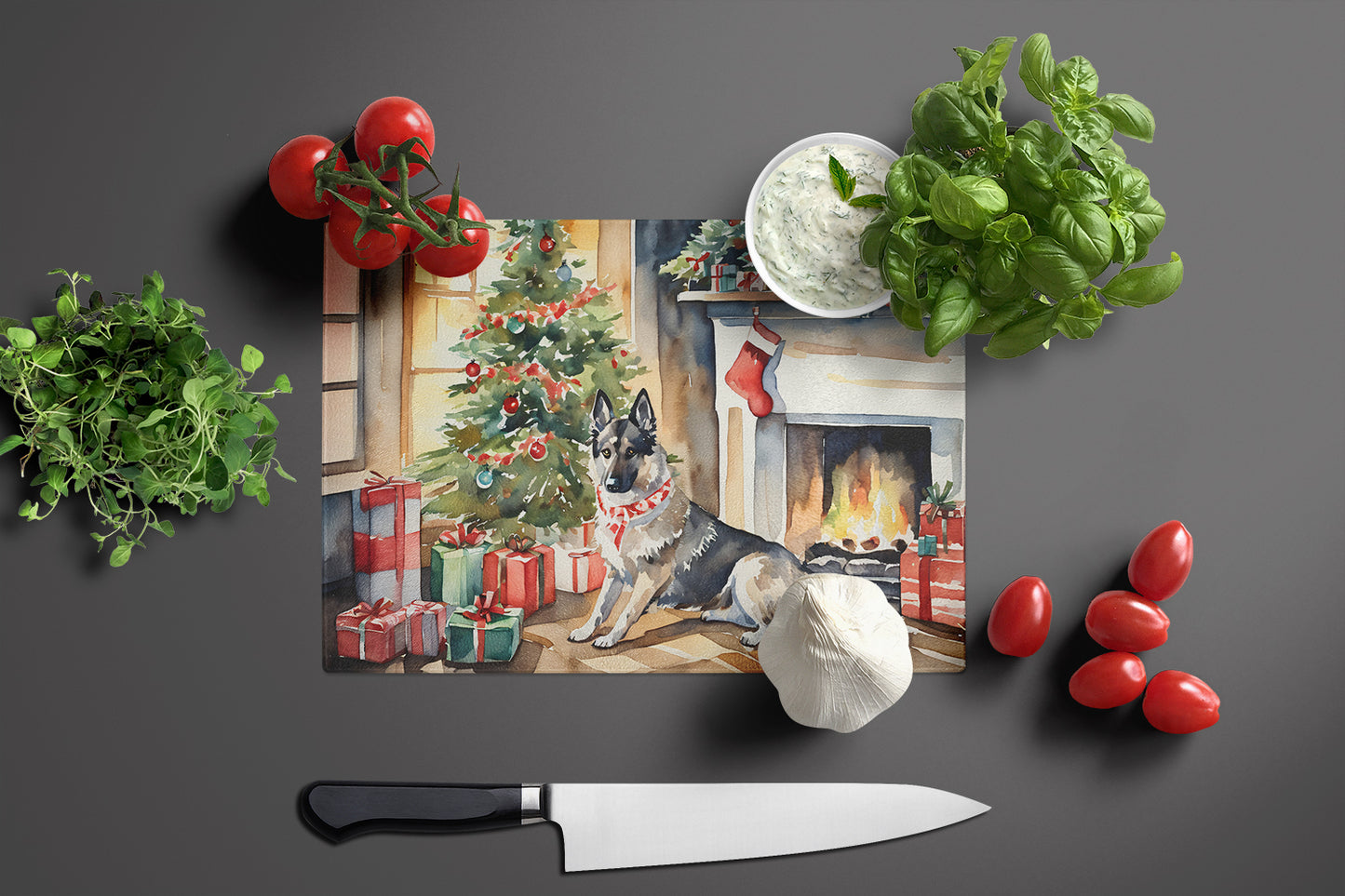 Norwegian Elkhound Cozy Christmas Glass Cutting Board