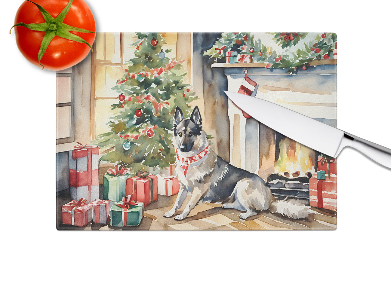 Norwegian Elkhound Cozy Christmas Glass Cutting Board