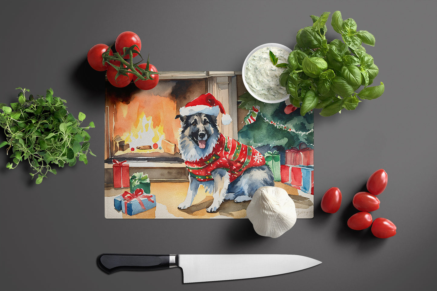 Norwegian Elkhound Cozy Christmas Glass Cutting Board