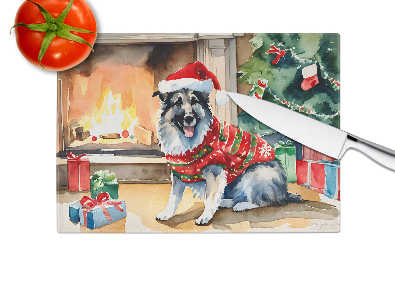 Norwegian Elkhound Cozy Christmas Glass Cutting Board