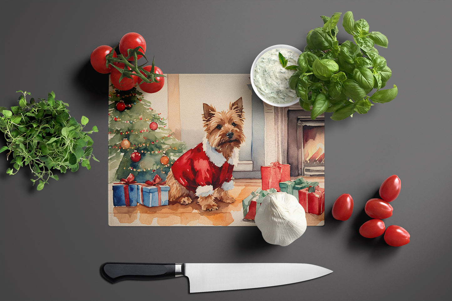 Norwich Terrier Cozy Christmas Glass Cutting Board