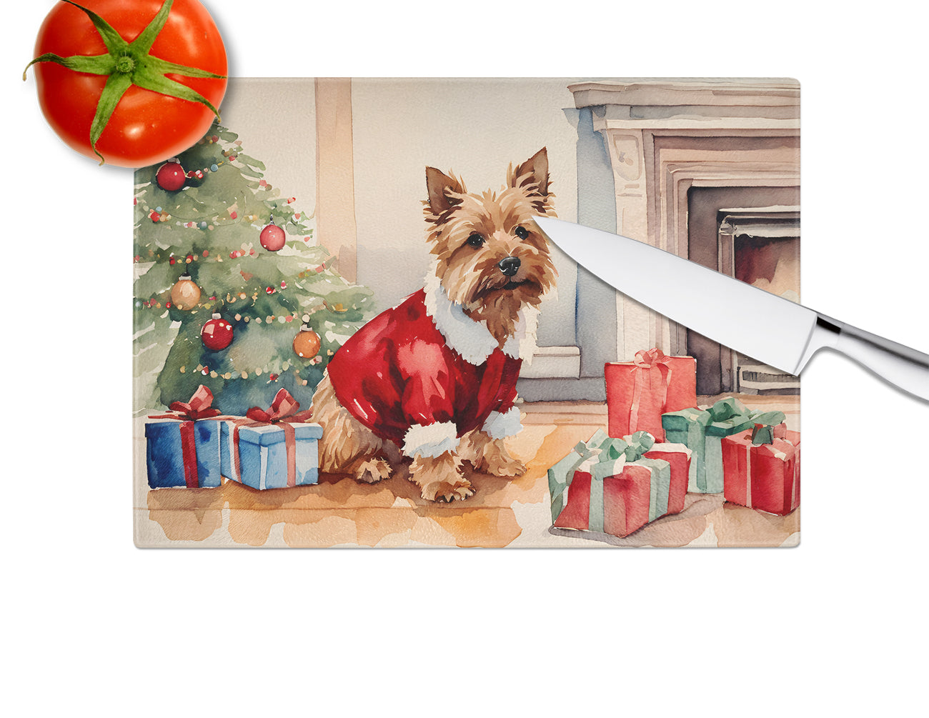 Norwich Terrier Cozy Christmas Glass Cutting Board