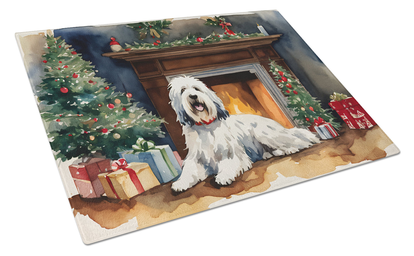 Buy this Old English Sheepdog Cozy Christmas Glass Cutting Board