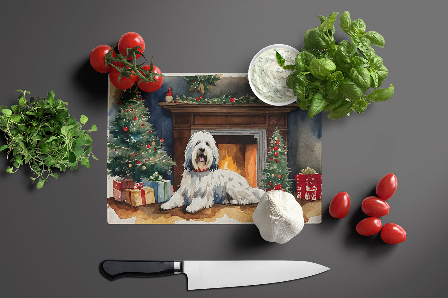 Old English Sheepdog Cozy Christmas Glass Cutting Board