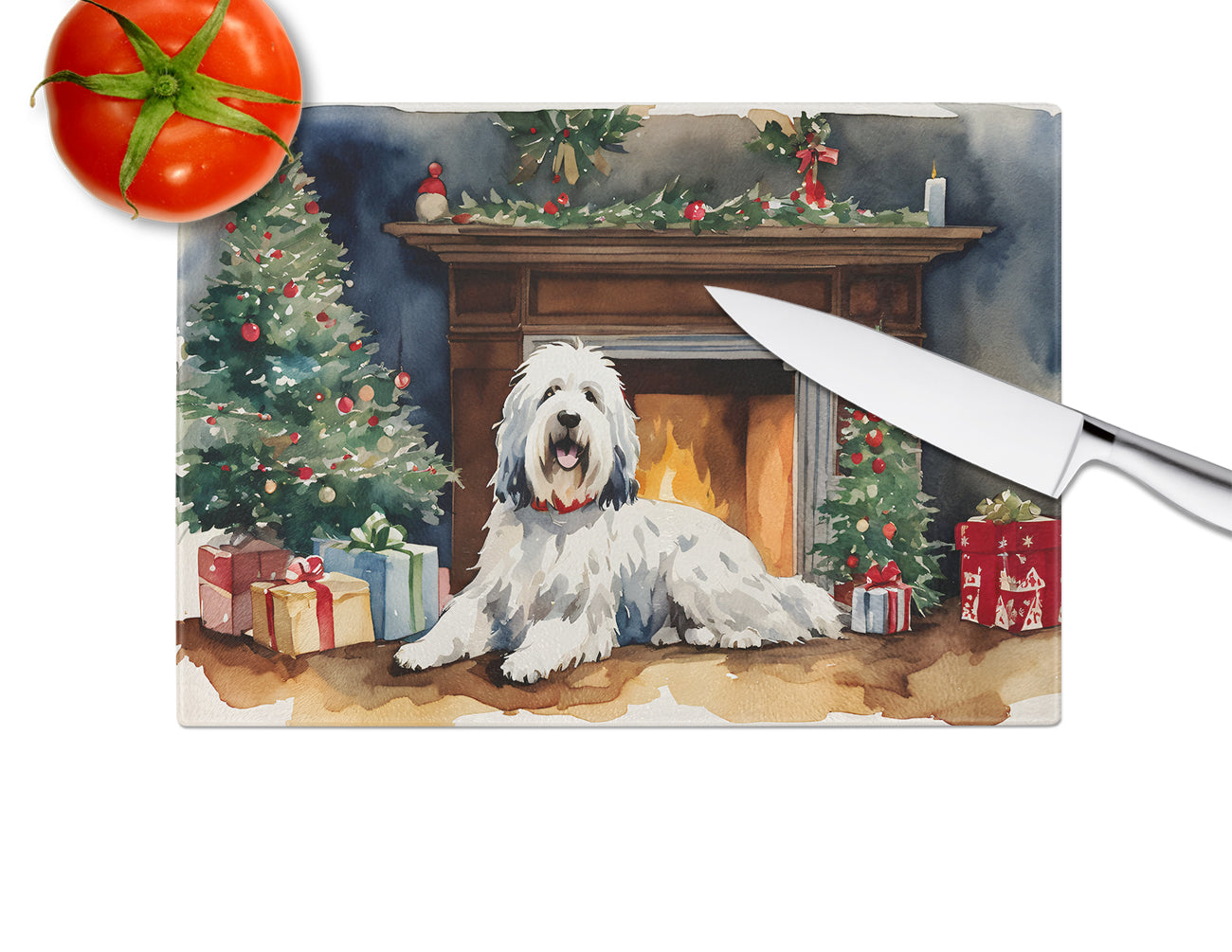 Old English Sheepdog Cozy Christmas Glass Cutting Board