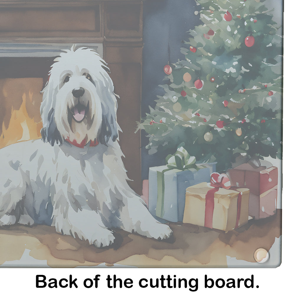 Old English Sheepdog Cozy Christmas Glass Cutting Board