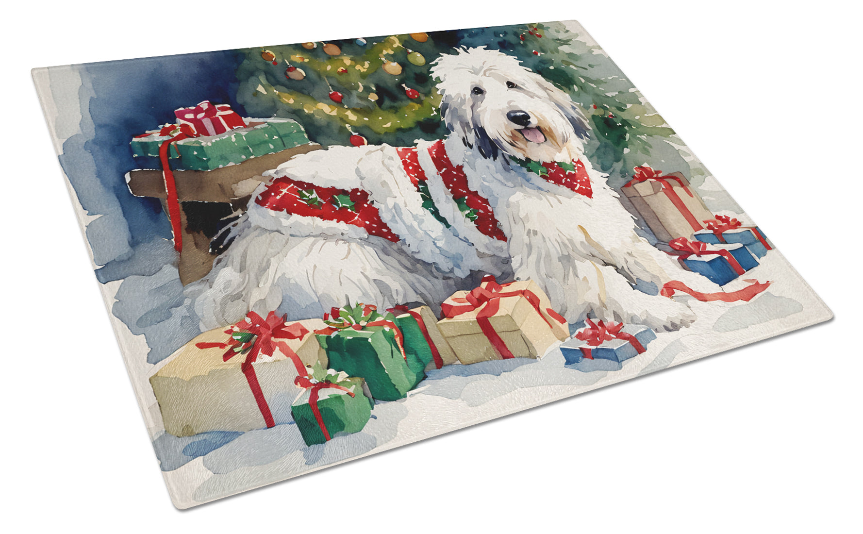 Buy this Old English Sheepdog Cozy Christmas Glass Cutting Board