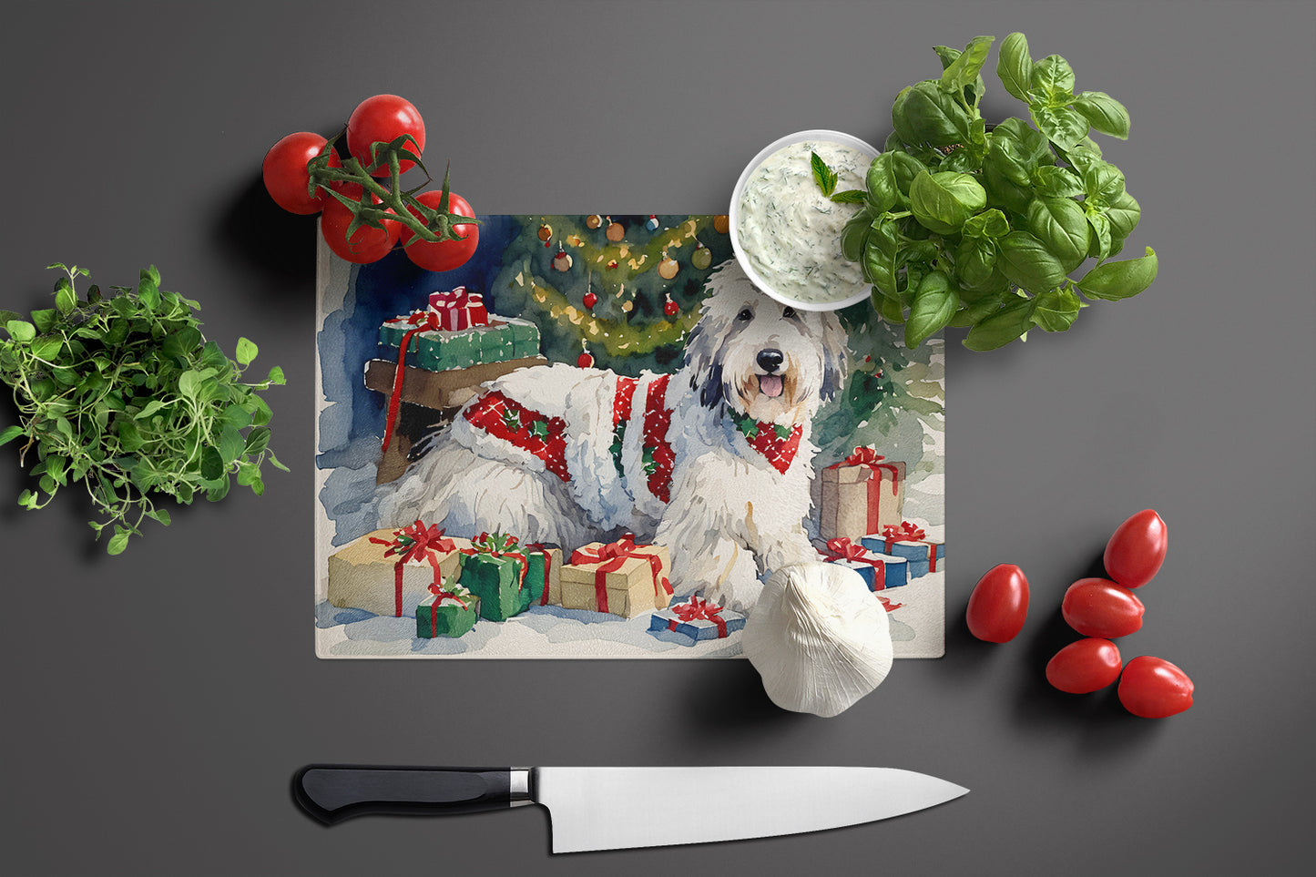 Old English Sheepdog Cozy Christmas Glass Cutting Board