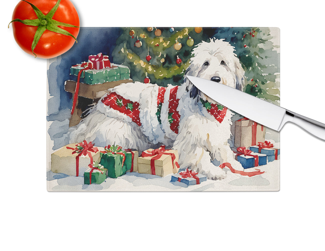 Old English Sheepdog Cozy Christmas Glass Cutting Board