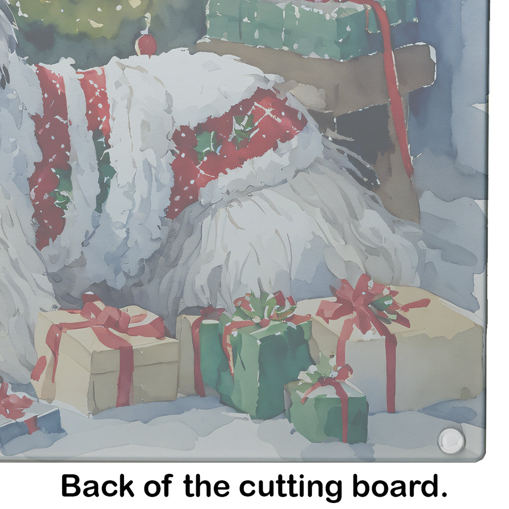 Old English Sheepdog Cozy Christmas Glass Cutting Board