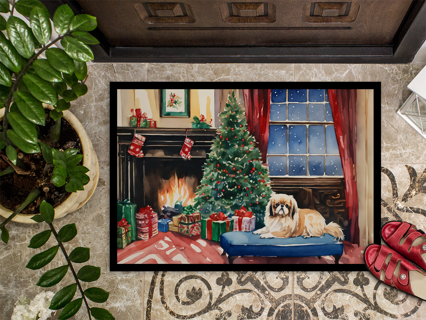 Pekingese Cozy Christmas Doormat