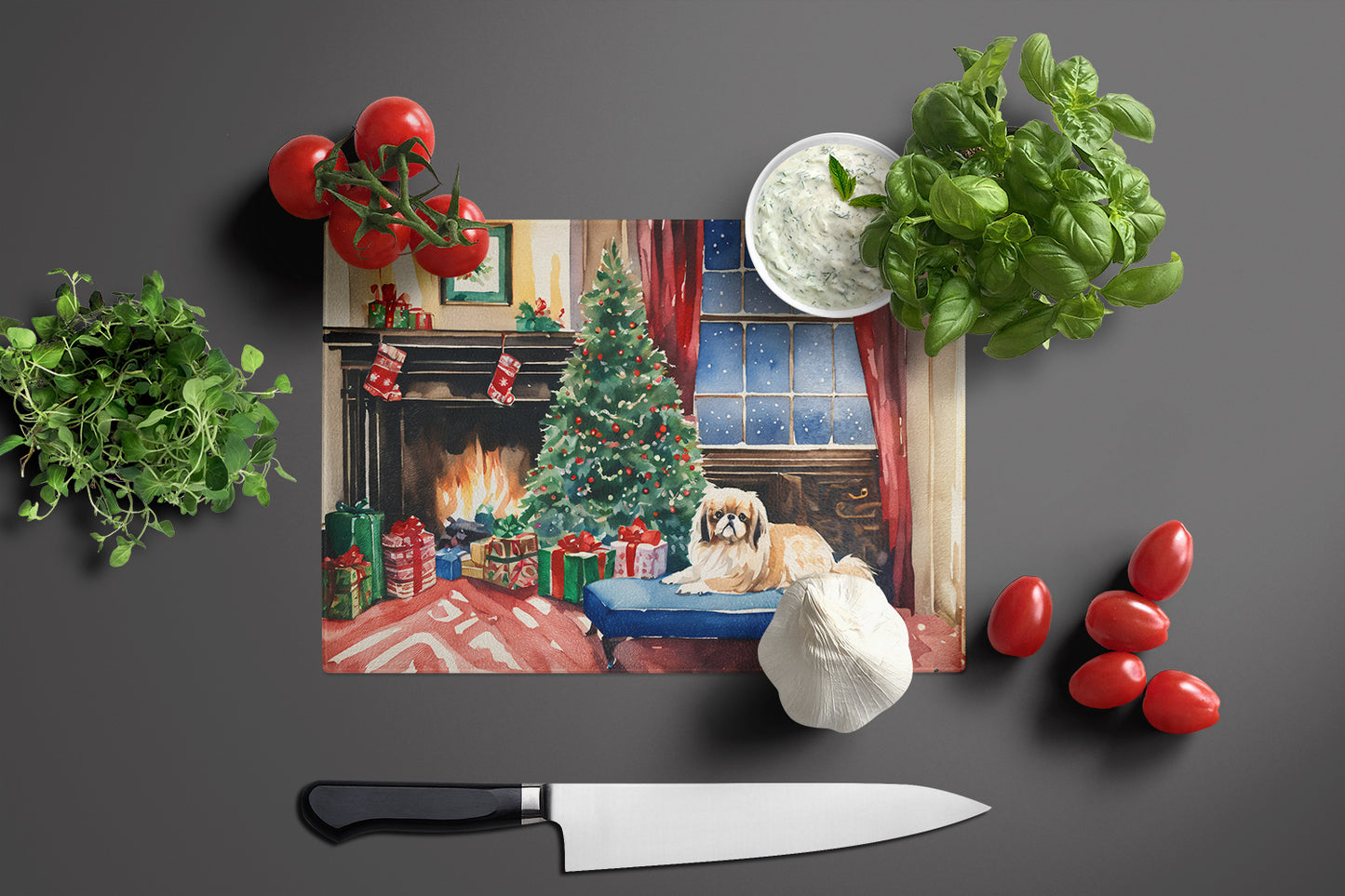 Pekingese Cozy Christmas Glass Cutting Board