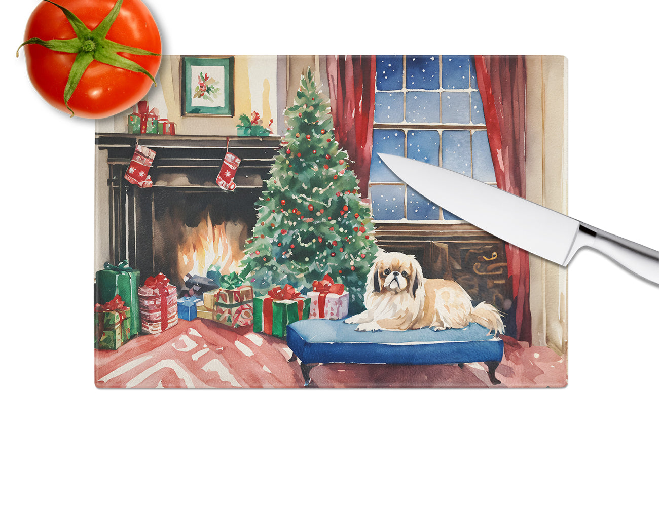 Pekingese Cozy Christmas Glass Cutting Board