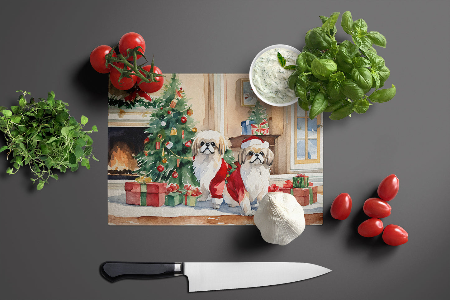 Pekingese Cozy Christmas Glass Cutting Board