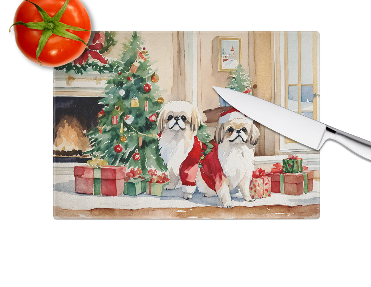 Pekingese Cozy Christmas Glass Cutting Board