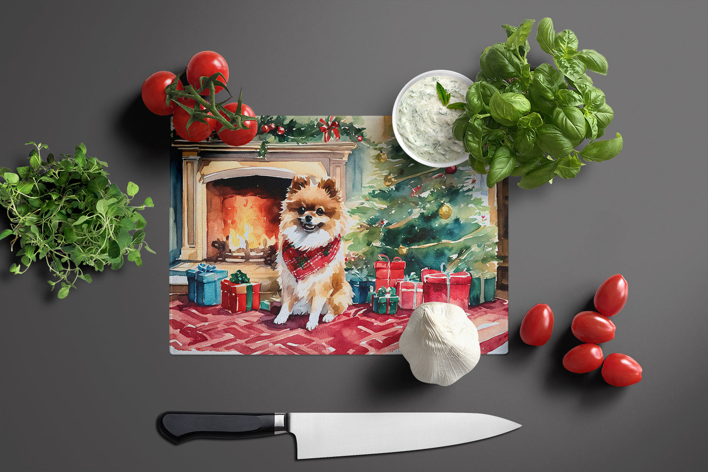 Pomeranian Cozy Christmas Glass Cutting Board