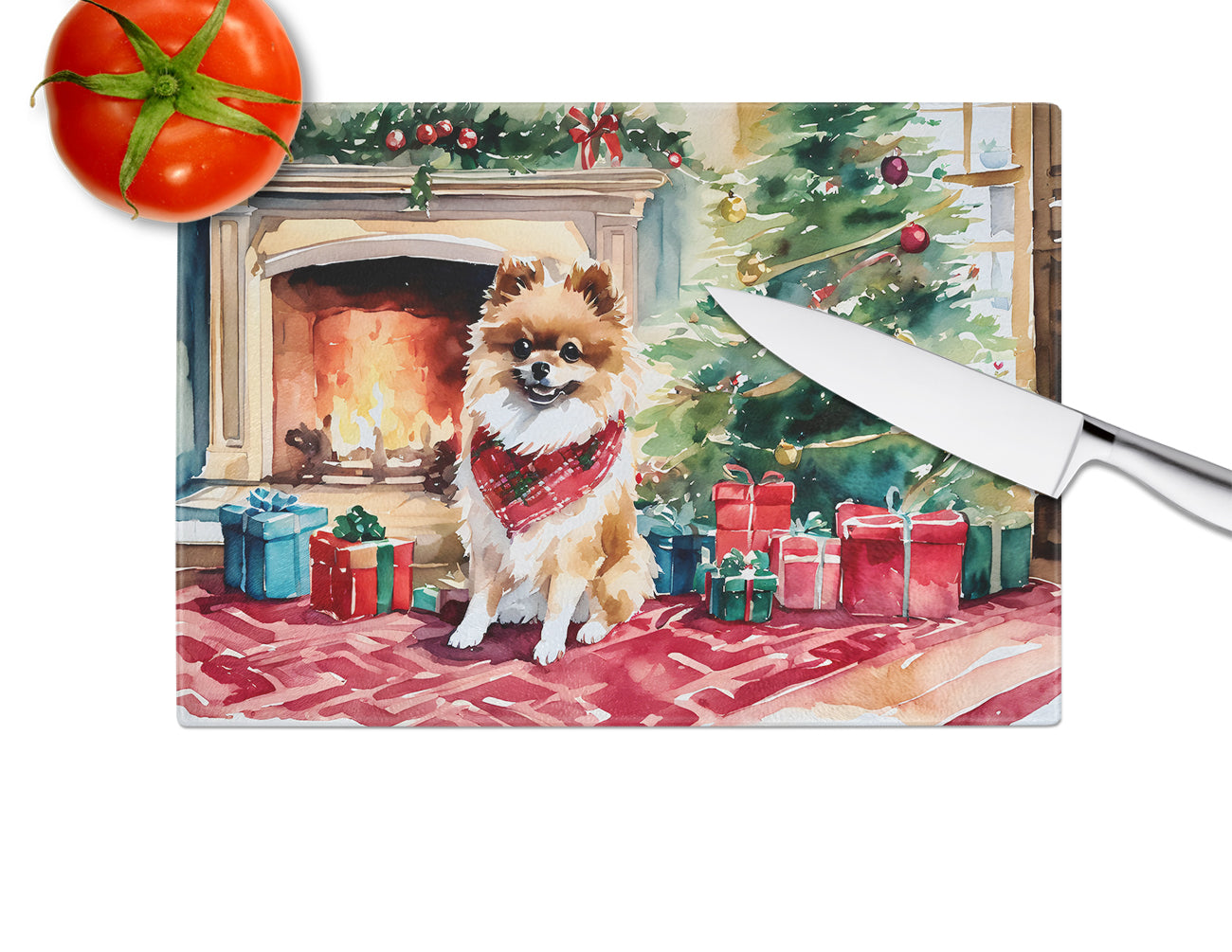 Pomeranian Cozy Christmas Glass Cutting Board