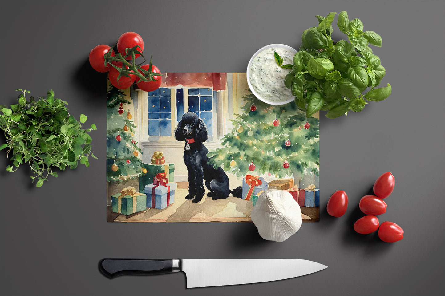 Poodle Cozy Christmas Glass Cutting Board