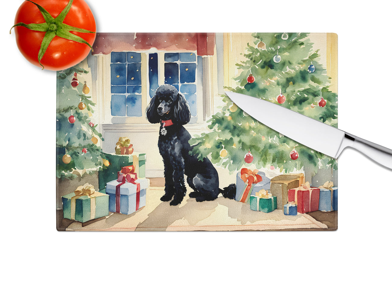 Poodle Cozy Christmas Glass Cutting Board