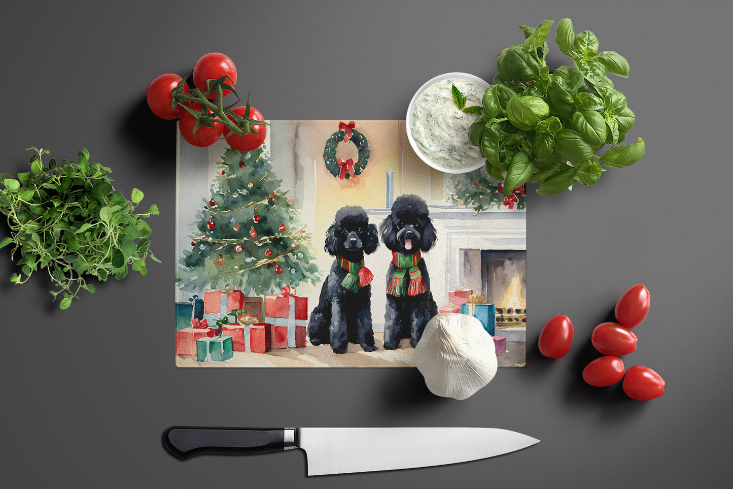 Poodle Cozy Christmas Glass Cutting Board