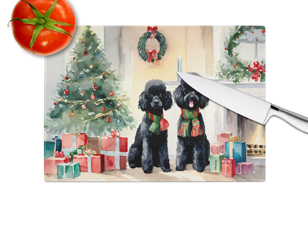 Poodle Cozy Christmas Glass Cutting Board